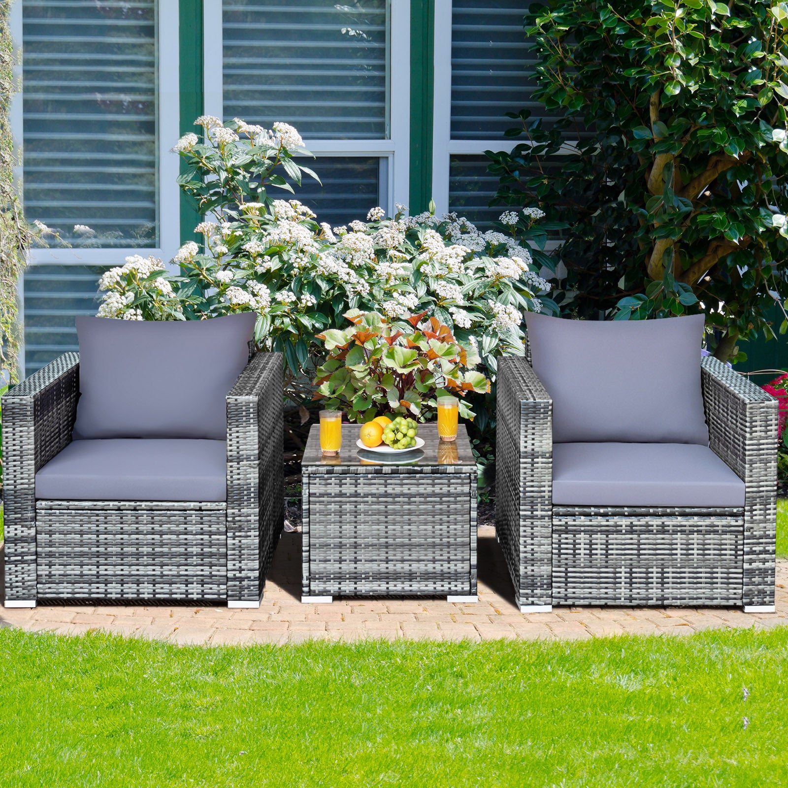 3 Pieces Rattan Bistro Set with Cushions for Balcony-Grey